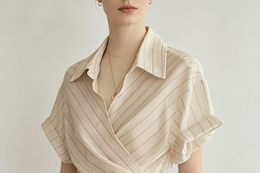 Striped Tie-Waist Asymmetric Hem Shirt