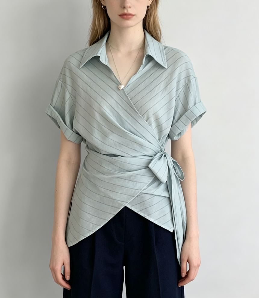 Striped Short Sleeve Asymmetric Hem Tie-Waist Shirt