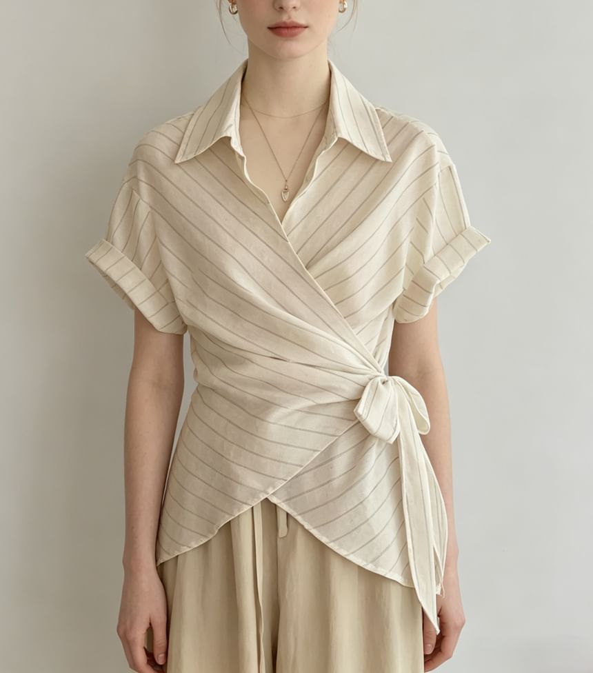 Striped Tie-Waist Asymmetric Hem Shirt