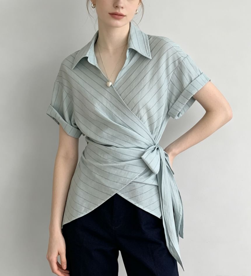 Striped Short Sleeve Asymmetric Hem Tie-Waist Shirt