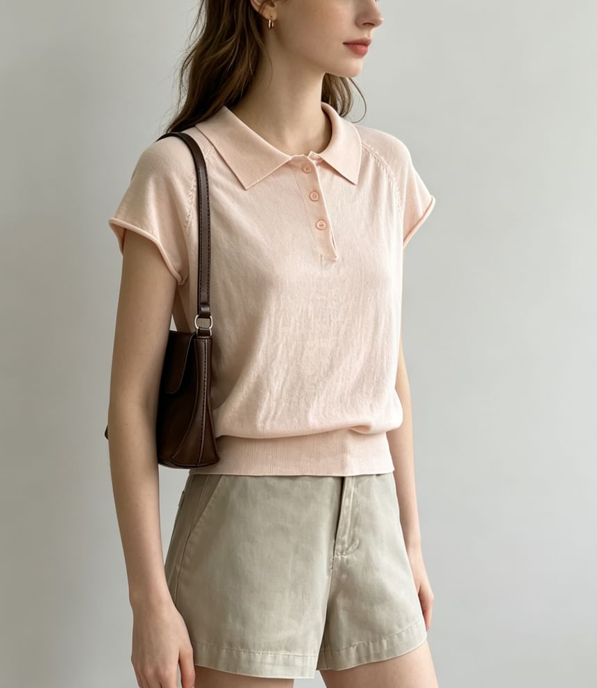 Knitted Plain Short Sleeve Polo Top