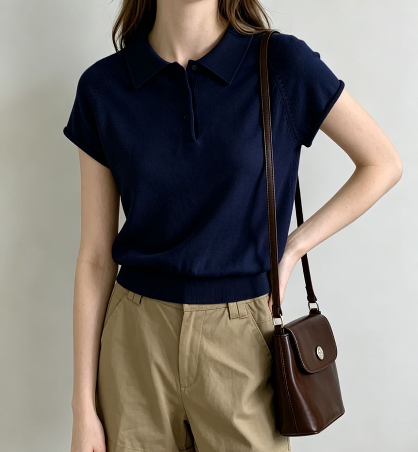 Knitted Plain Short Sleeve Polo Top