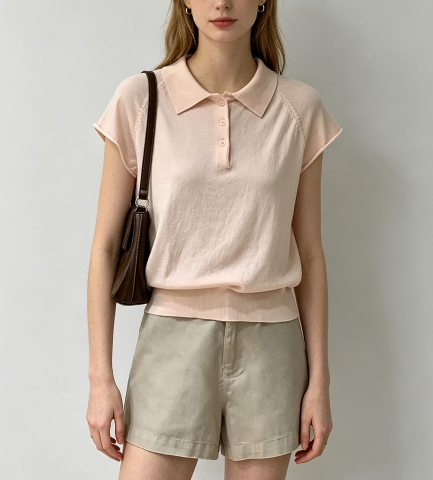 Knitted Plain Short Sleeve Polo Top
