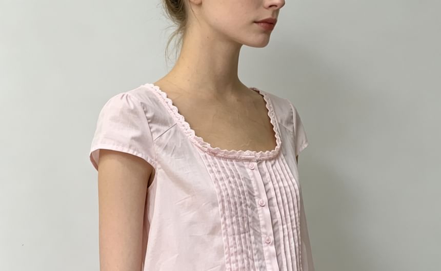 Cap Sleeve Lace-Trim Pleated Square-Neck Blouse