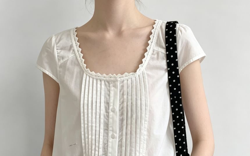 Cap Sleeve Lace-Trim Pleated Square-Neck Blouse