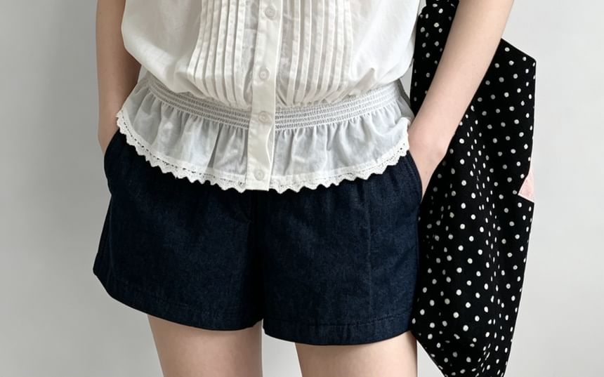Lace-Trim Cap Sleeve Square-Neck Pleated Blouse