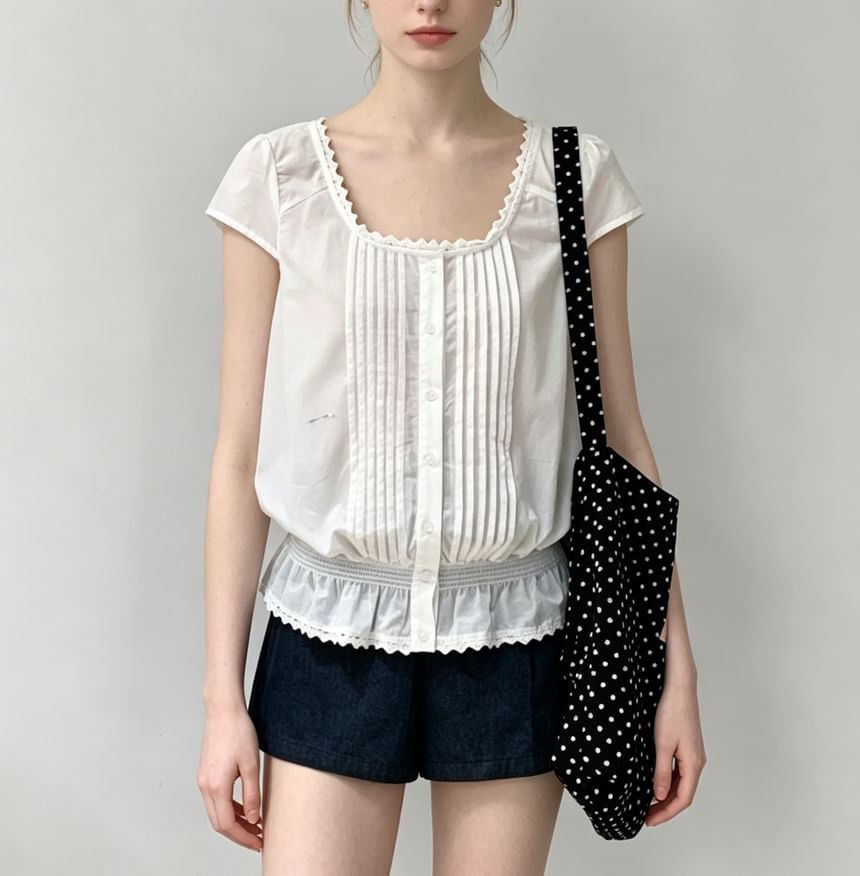 Cap Sleeve Lace-Trim Pleated Square-Neck Blouse