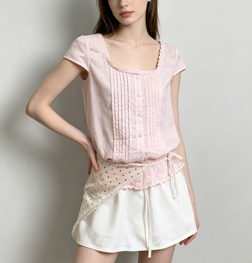 Lace-Trim Cap Sleeve Square-Neck Pleated Blouse