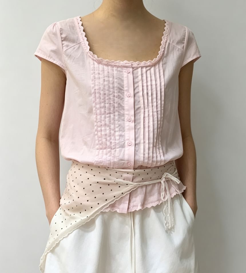 Cap Sleeve Lace-Trim Pleated Square-Neck Blouse