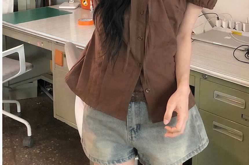 Puff Sleeve U-Neck Button Front Blouse