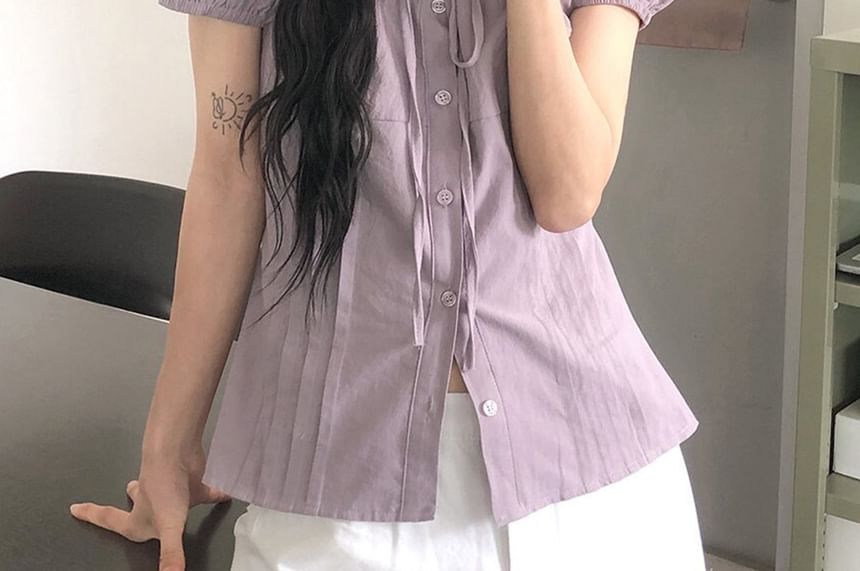 Puff Sleeve U-Neck Button Front Blouse