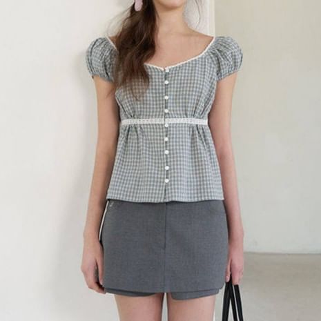 Square Neck Lace Trim Crop Blouse with Puff Sleeves
