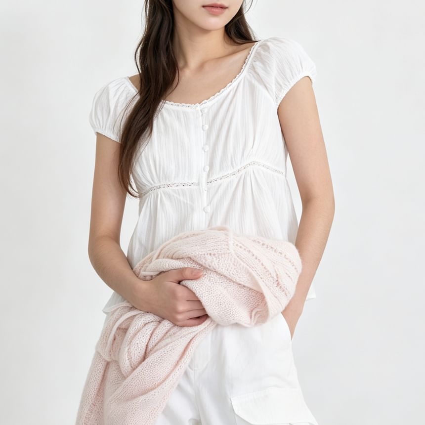 Square Neck Lace Trim Crop Blouse with Puff Sleeves
