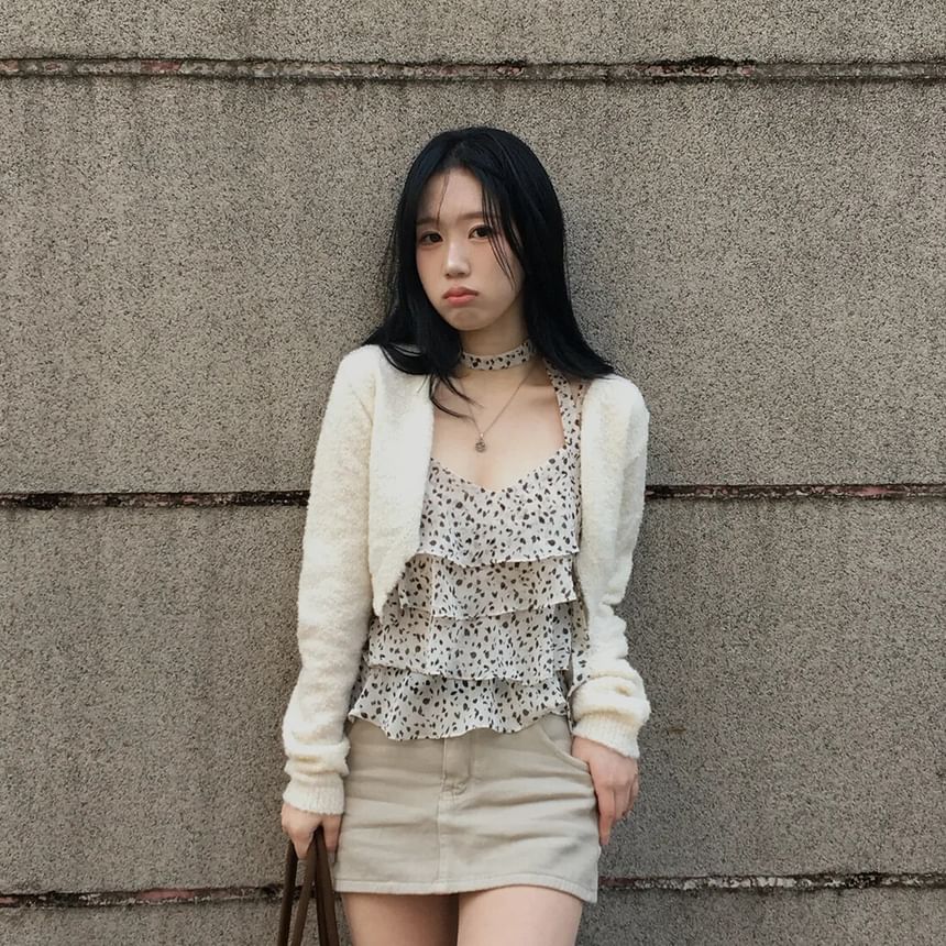 Leopard Print Tiered Ruffle Crop Set with Scarf