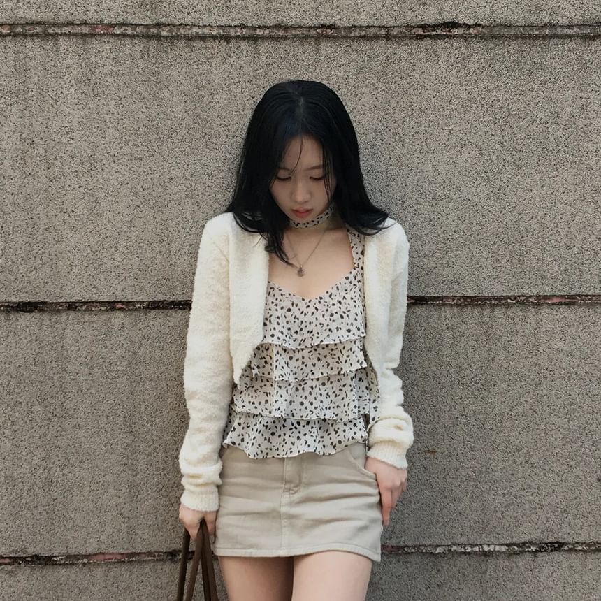 Leopard Print Tiered Ruffle Crop Set with Scarf
