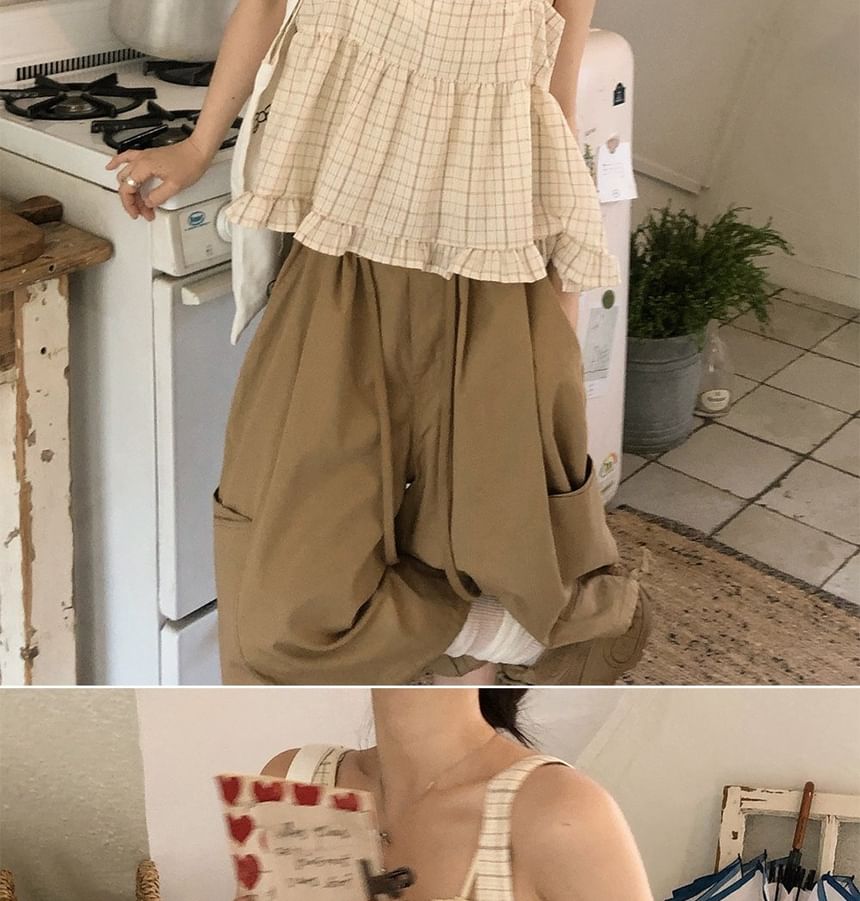 Plaid Tie Back Tank Top with Ruffle Hem