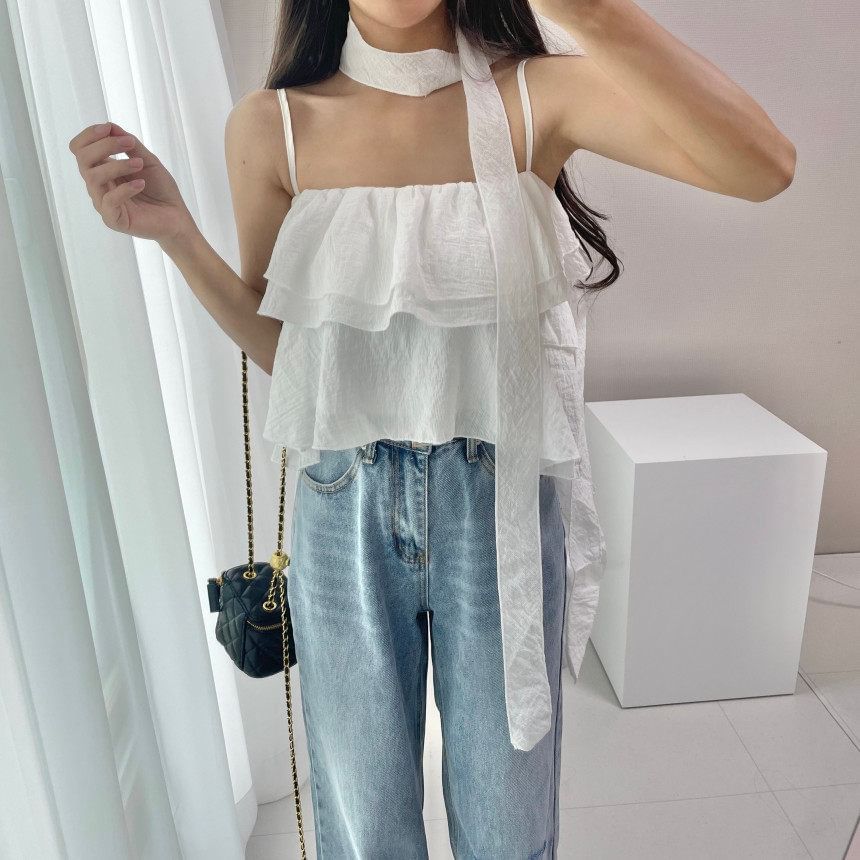 Tiered Ruffle Crop Camisole Set with Scarf
