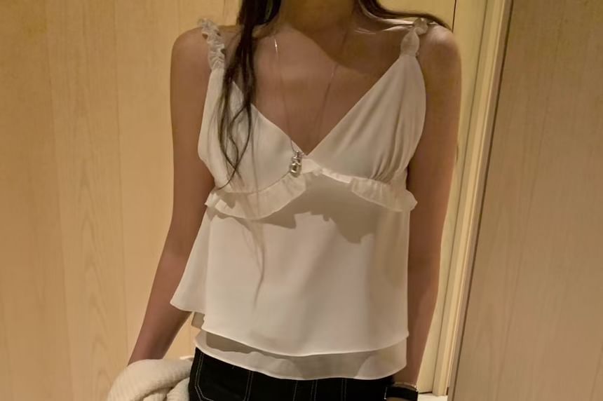 Sleeveless V-Neck Ruffle Trim Top
