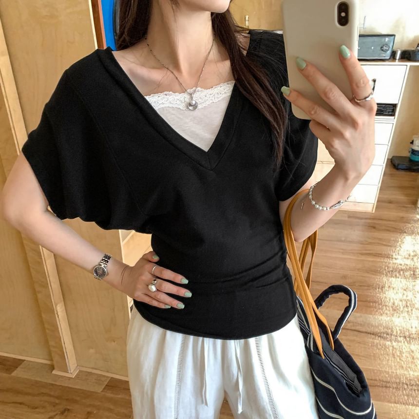 Lace Trim Square Neck Short Sleeve Tee
