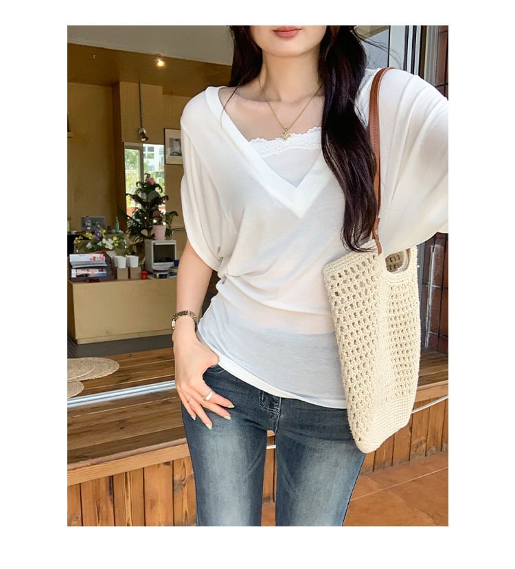 Lace Trim Square Neck Short Sleeve Tee