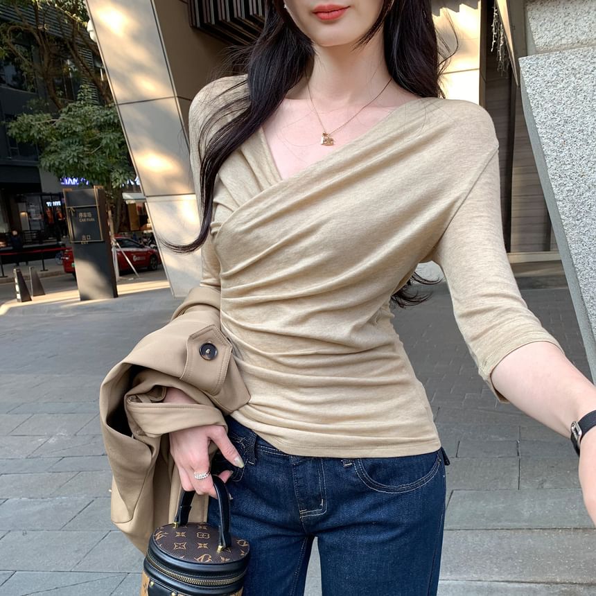 Wrap V-Neck Tee with Three-Quarter Sleeves