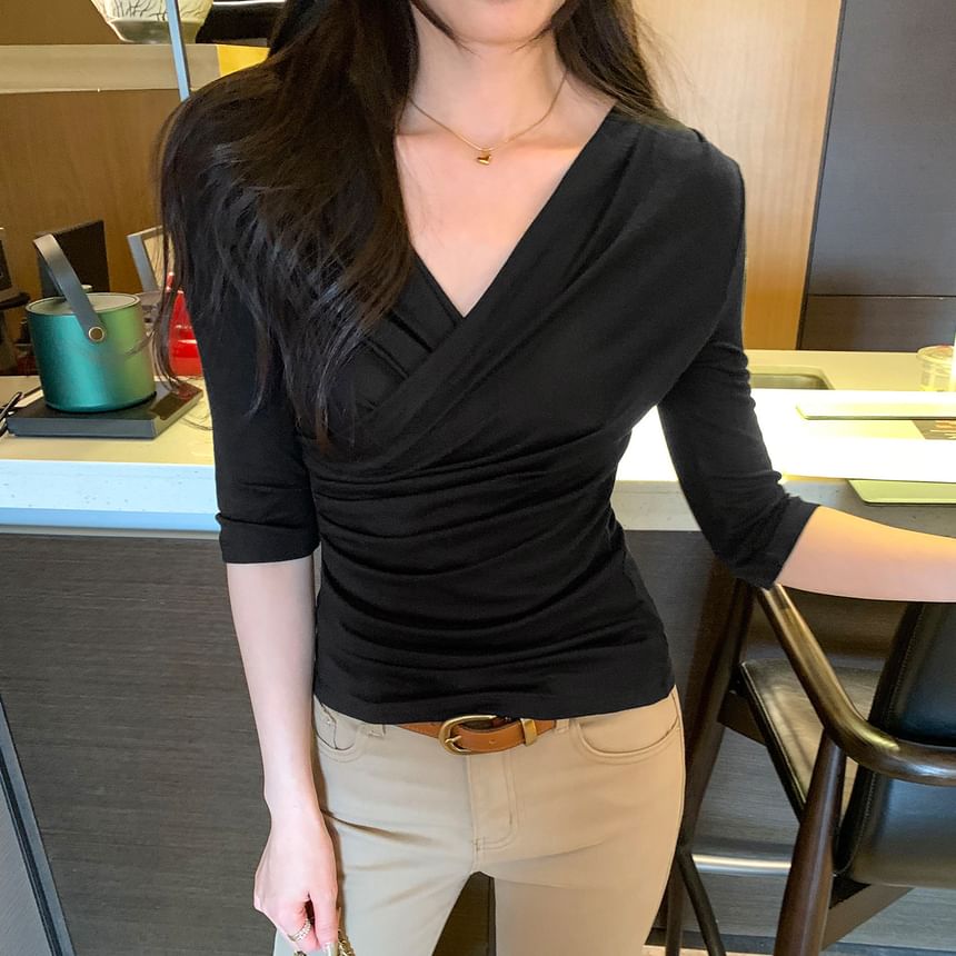 Wrap V-Neck Tee with Three-Quarter Sleeves