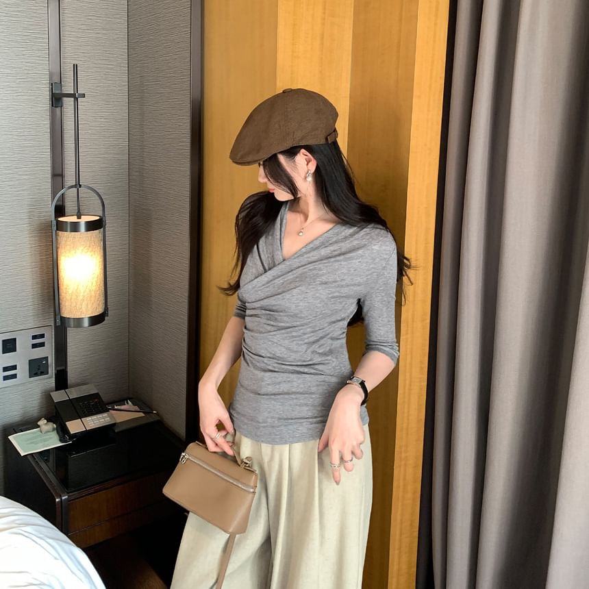 Wrap V-Neck Tee with Three-Quarter Sleeves