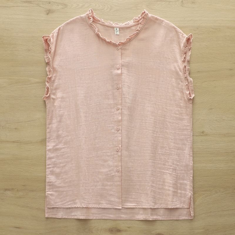 Ruffled Button Front Sleeveless Blouse