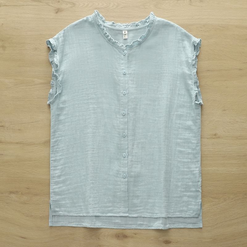Ruffled Button Front Sleeveless Blouse
