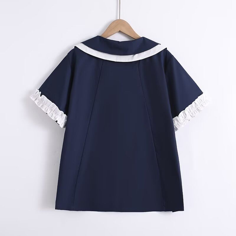 Ruffled Contrast Trim Short-Sleeve Button-Up Blouse