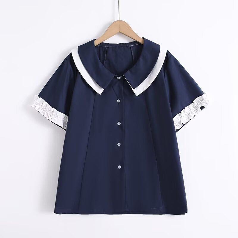 Ruffled Contrast Trim Short-Sleeve Button-Up Blouse