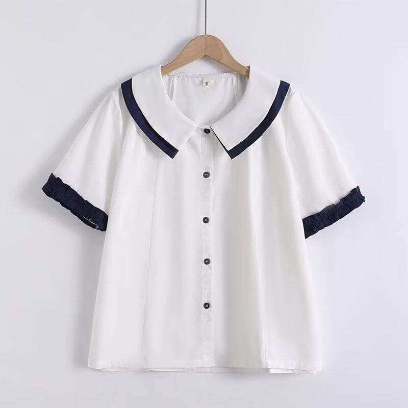 Ruffled Contrast Trim Short-Sleeve Button-Up Blouse