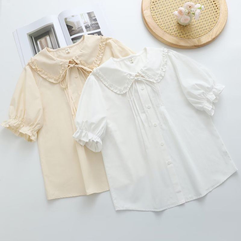 Puff Sleeve Ruffled Trim Button Blouse