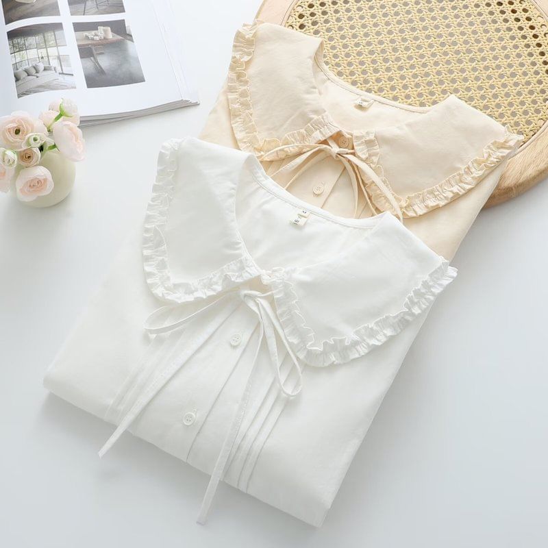 Puff Sleeve Ruffled Trim Button Blouse