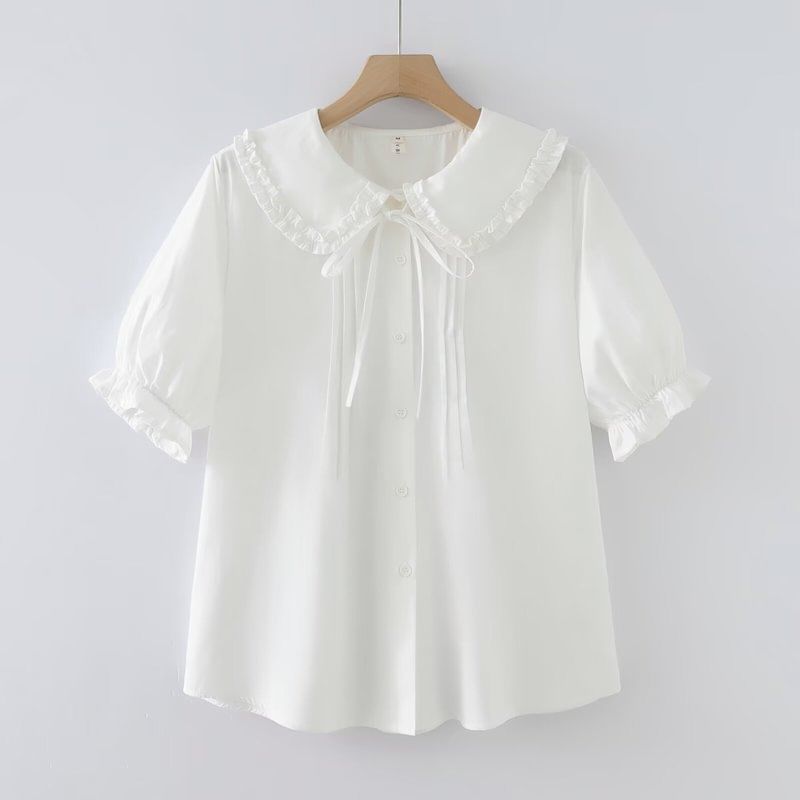 Puff Sleeve Ruffled Trim Button Blouse