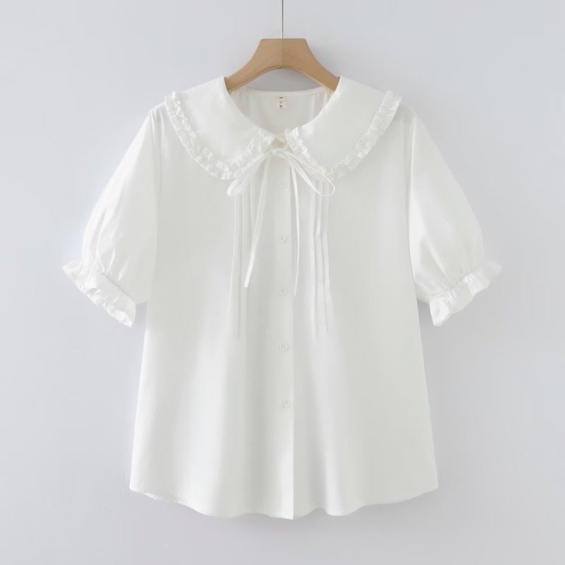 Puff Sleeve Ruffled Trim Button Blouse