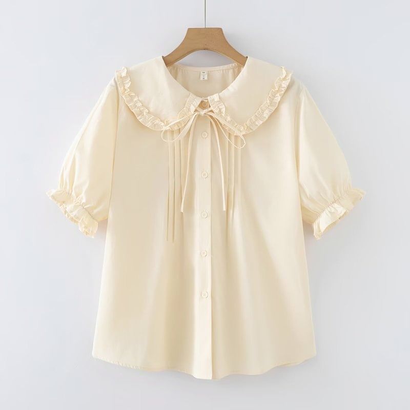 Puff Sleeve Ruffled Trim Button Blouse