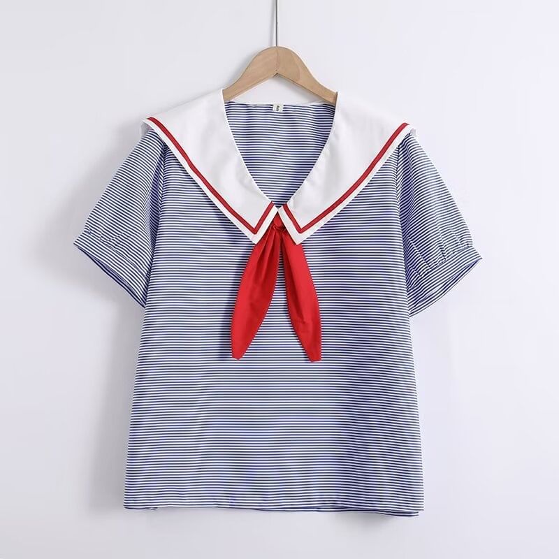 Striped Sailor Collar Puff Sleeve Blouse
