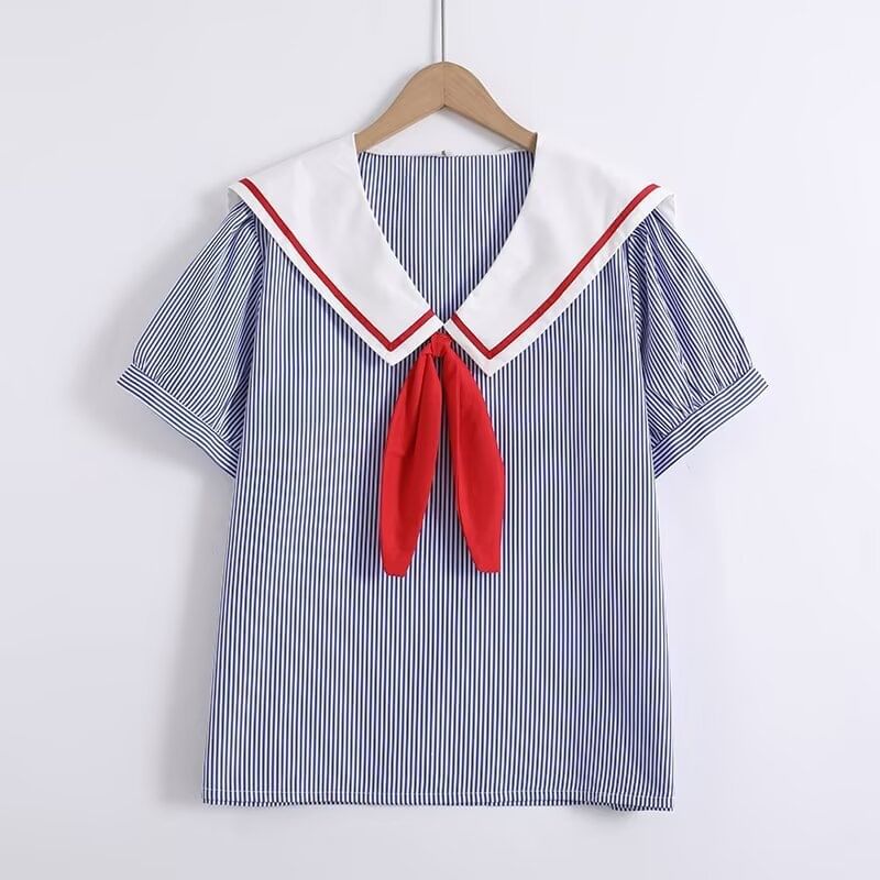 Striped Sailor Collar Puff Sleeve Blouse