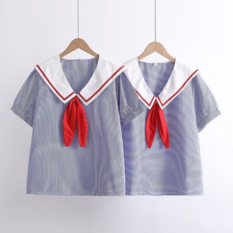 Striped Sailor Collar Puff Sleeve Blouse