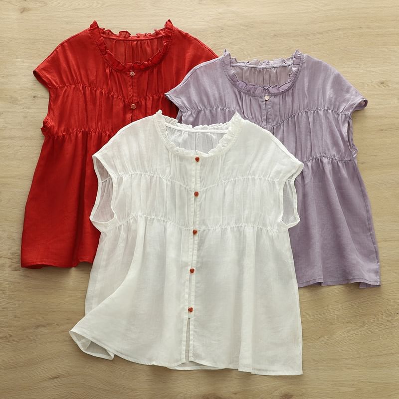 Shirred Ruffled Sleeveless Button Blouse