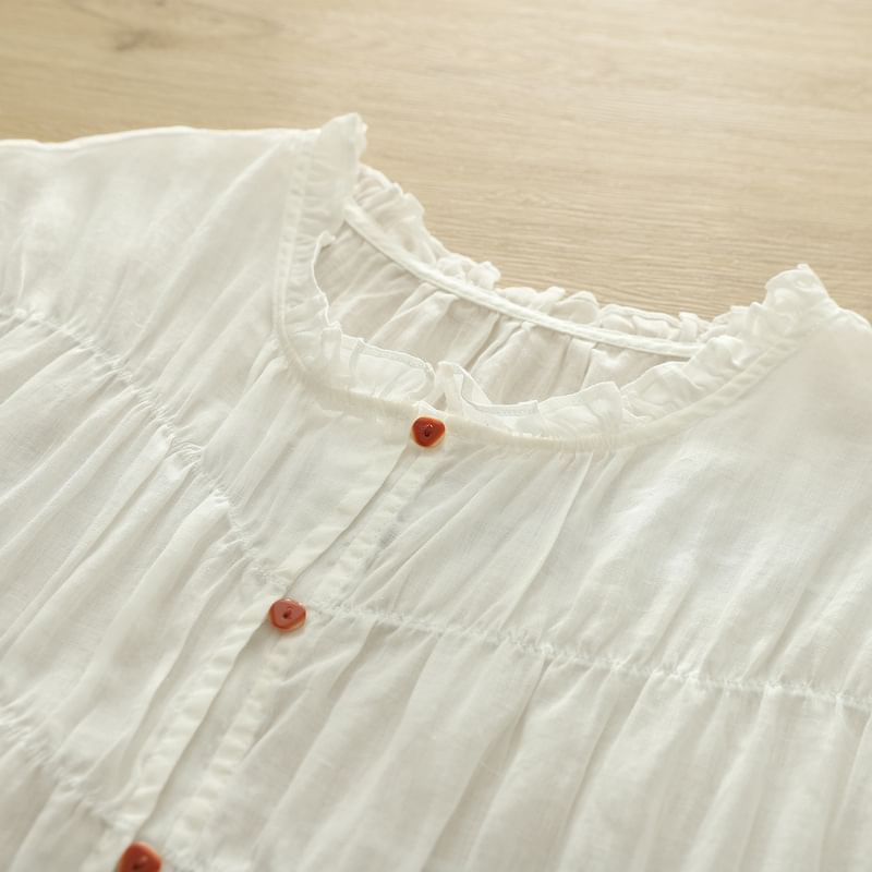Shirred Ruffled Sleeveless Button Blouse