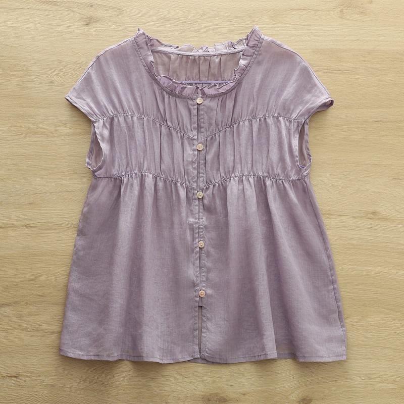 Shirred Ruffled Sleeveless Button Blouse