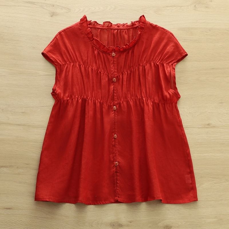 Shirred Ruffled Sleeveless Button Blouse
