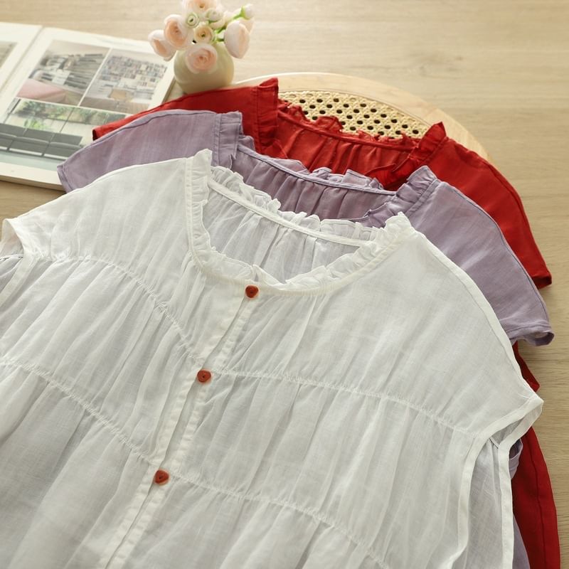Shirred Ruffled Sleeveless Button Blouse