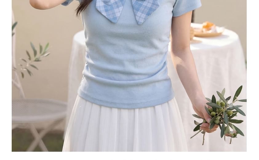 Plaid Tie Neck Short Sleeve Tee