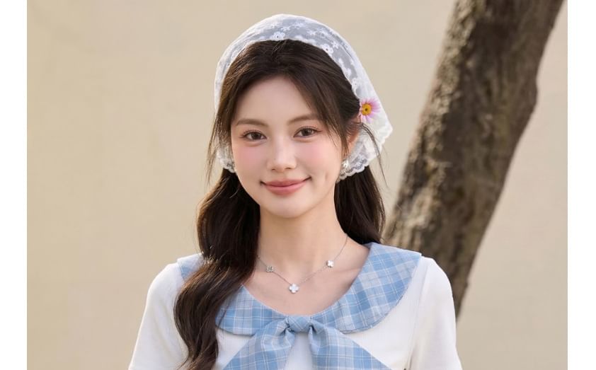 Plaid Tie Neck Short Sleeve Tee