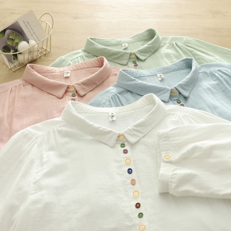 Puff Sleeve Button Front Solid Blouse