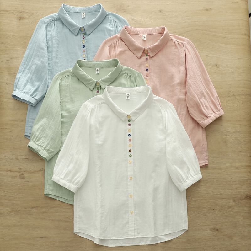 Puff Sleeve Button Front Solid Blouse