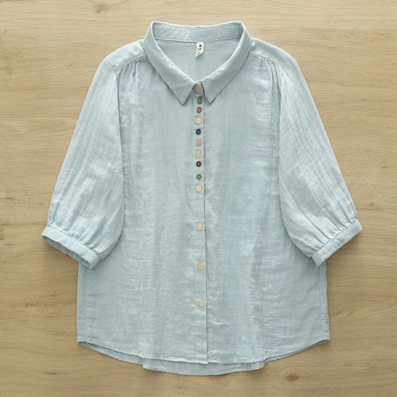 Puff Sleeve Button Front Solid Blouse
